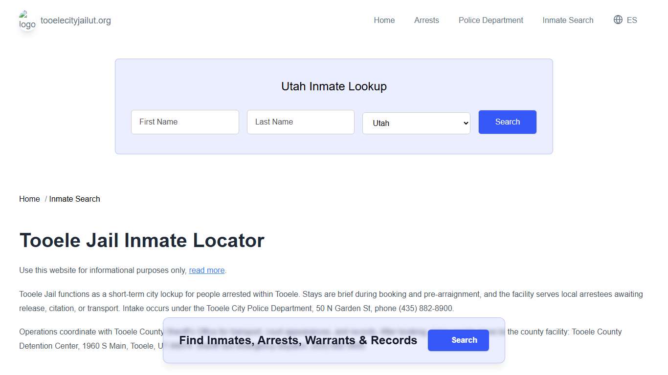 Tooele, UT Municipal Jail Inmate Search
