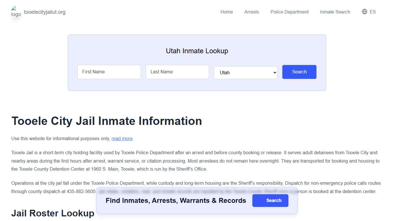 Tooele Jail, UT Inmate Roster, Municipal Jail Info