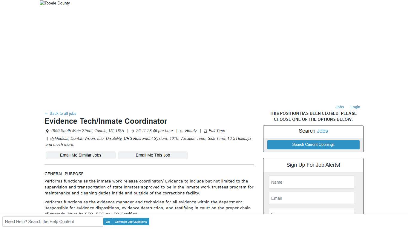 Evidence Tech/Inmate Coordinator - Tooele, UT - Tooele County Jobs